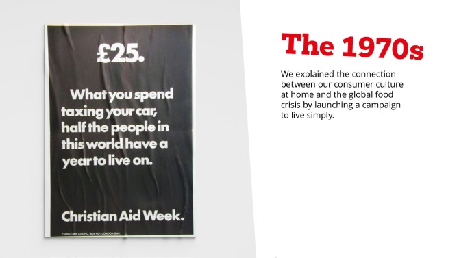 Image of a 1970's poster symbolising the amount spent on car taxes versus the income of half the world's population.