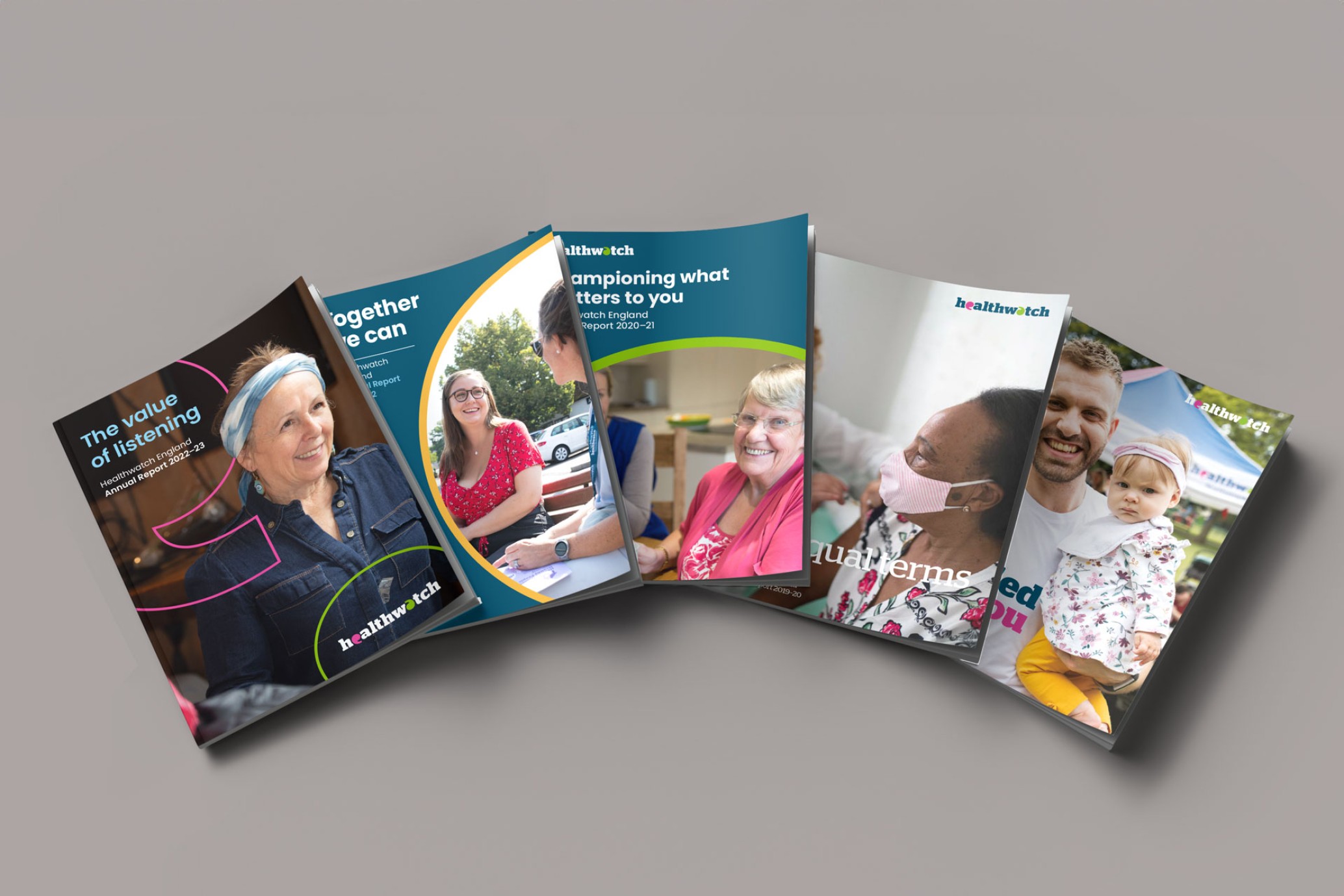 Image of 5 annual report covers for Healthwatch England.
