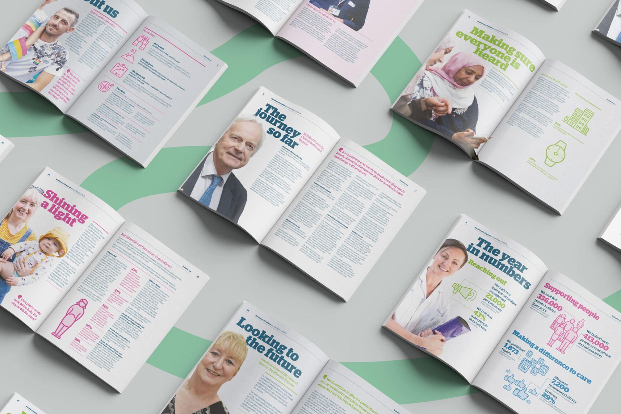 Image of various spreads of Healthwatch Englands Annual Reports.