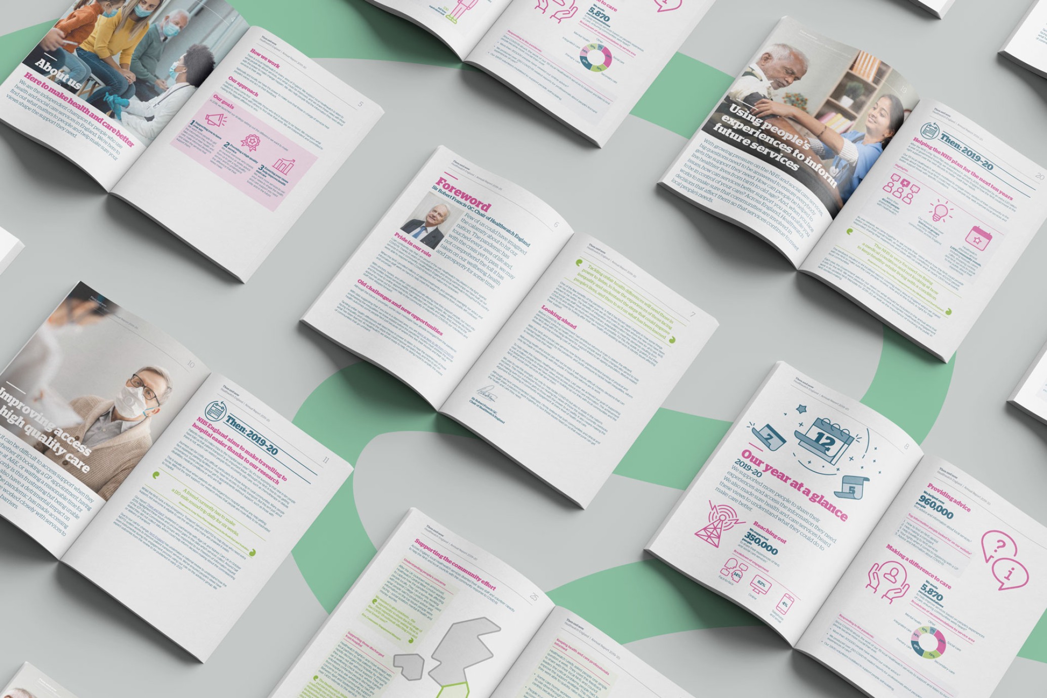 Image of various spreads of Healthwatch Englands Annual Reports.