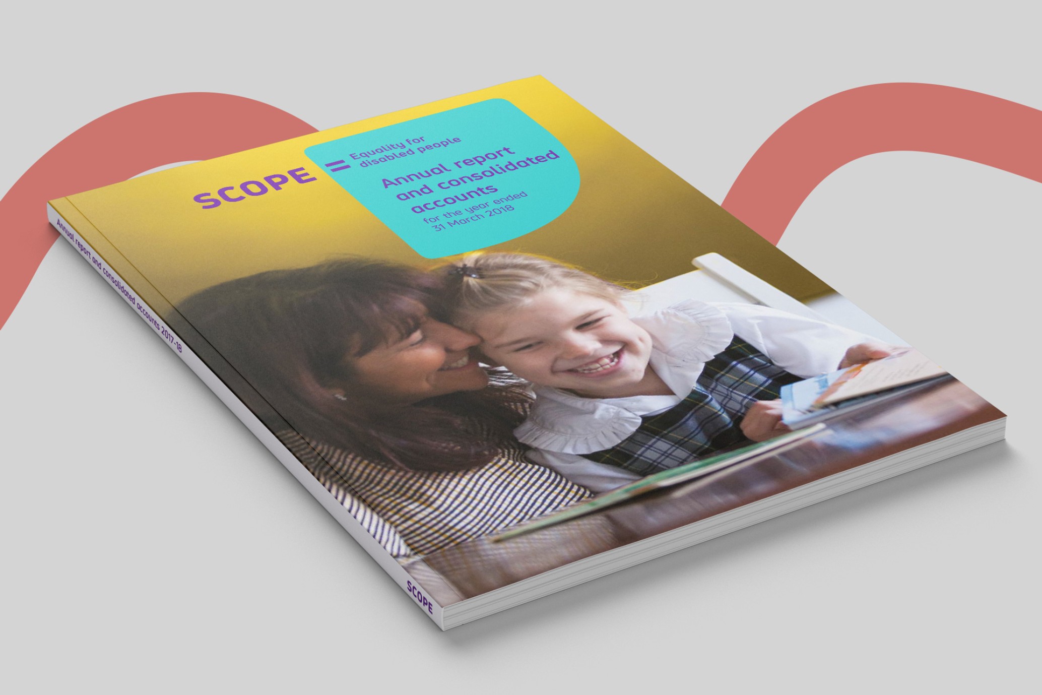 A annual report book for Scope, featuring a women and a girl on the front cover.