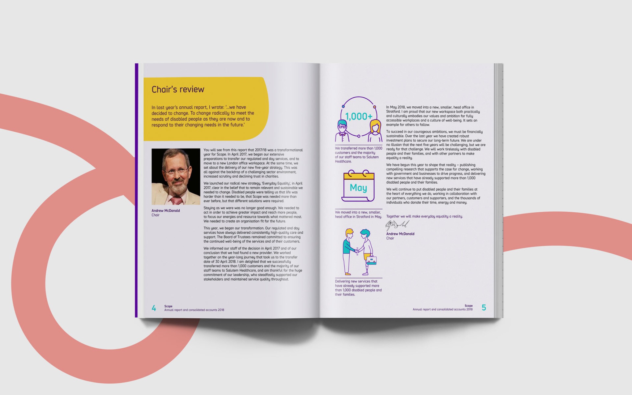 Scopes annual report book open showing the Chair's review.