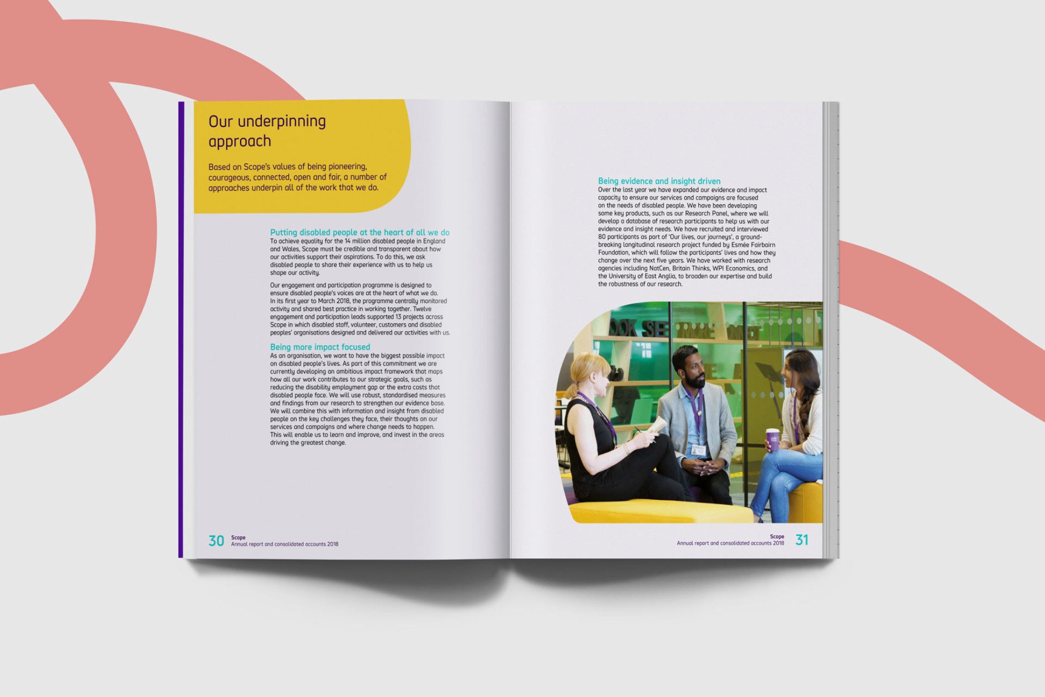 Scopes annual report book showing a spread with an image of two ladies and one gentleman.