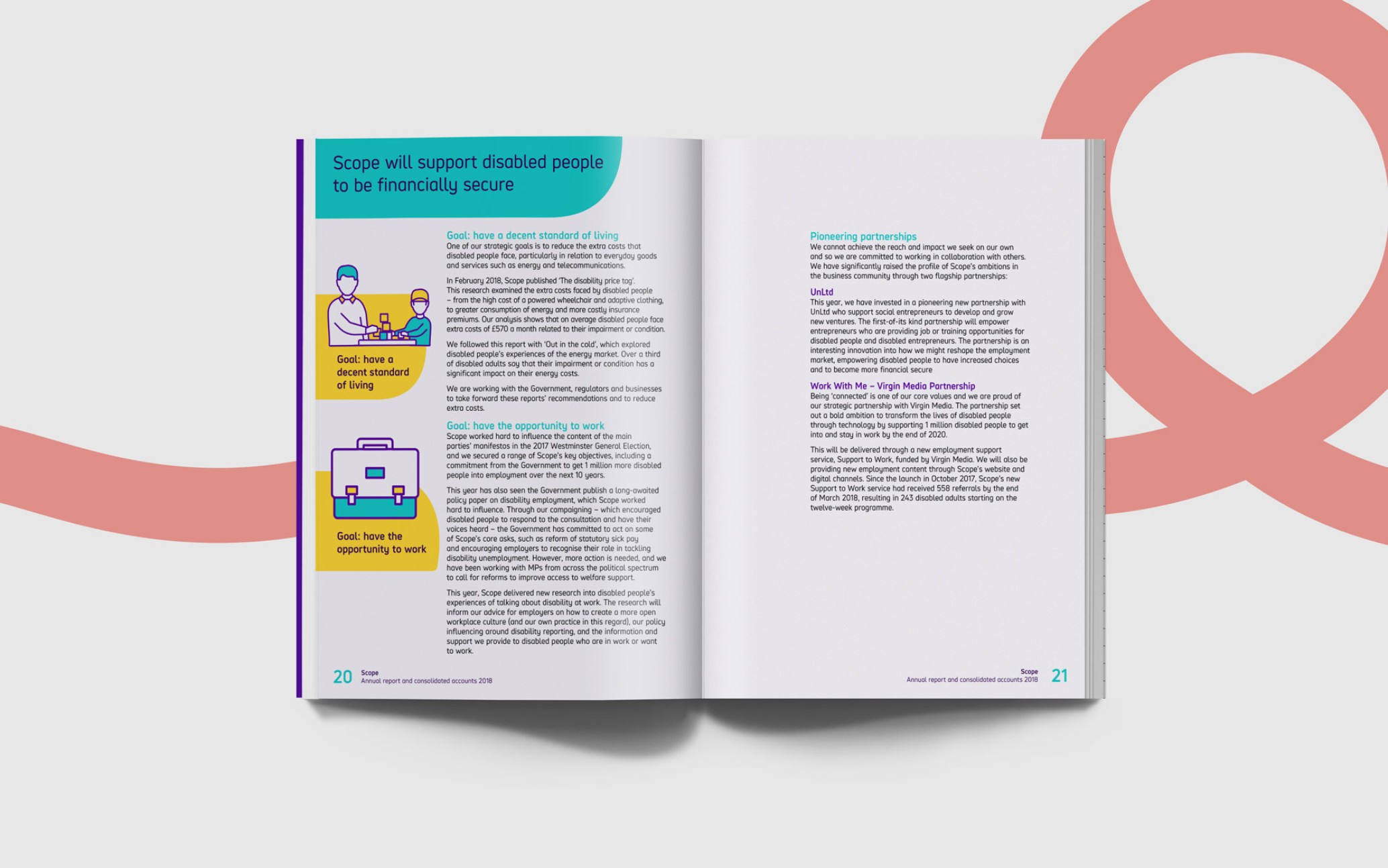 Scopes annual report with a pink and red background, showcasing vibrant colours and contrasting tones.